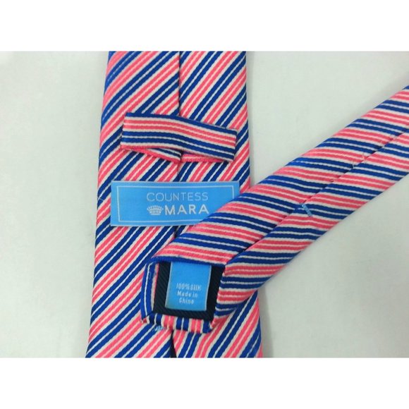 Countess Mara Men's Neck tie Silk pink & navy blue textured 49" x 3.5" - Picture 3 of 4
